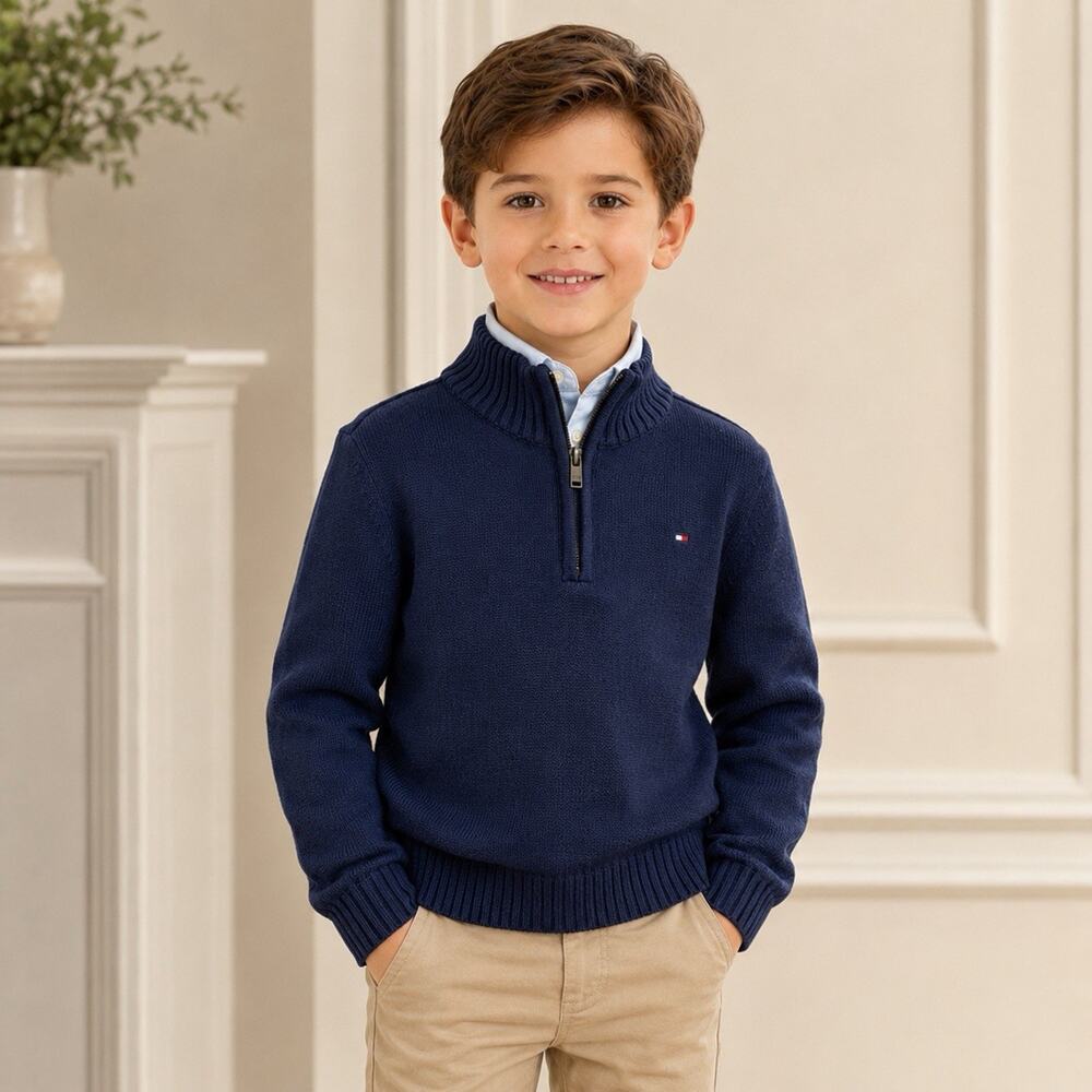 Tommy Hilfiger Boys 7 Navy 1/4 Zip Sweater Preppy Old Money NWT Classic Academia